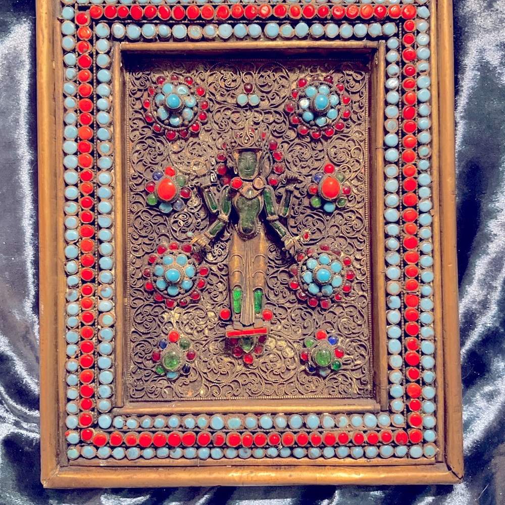 Antique Nepal brass and semi precious stones art